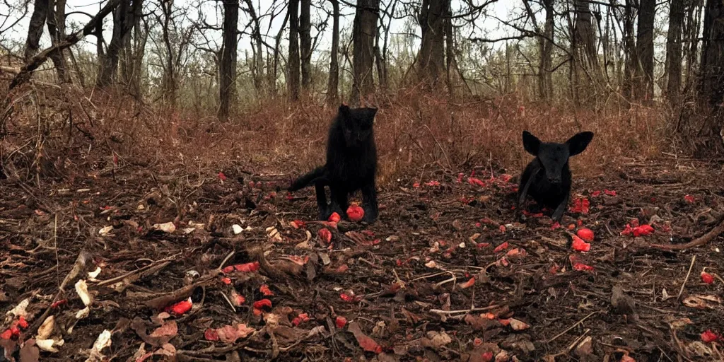 Prompt: a dark creature with glowing red eyes holding a dear carcass in it's mouth, horror footage, trail cam, real life, cryptid, mystery