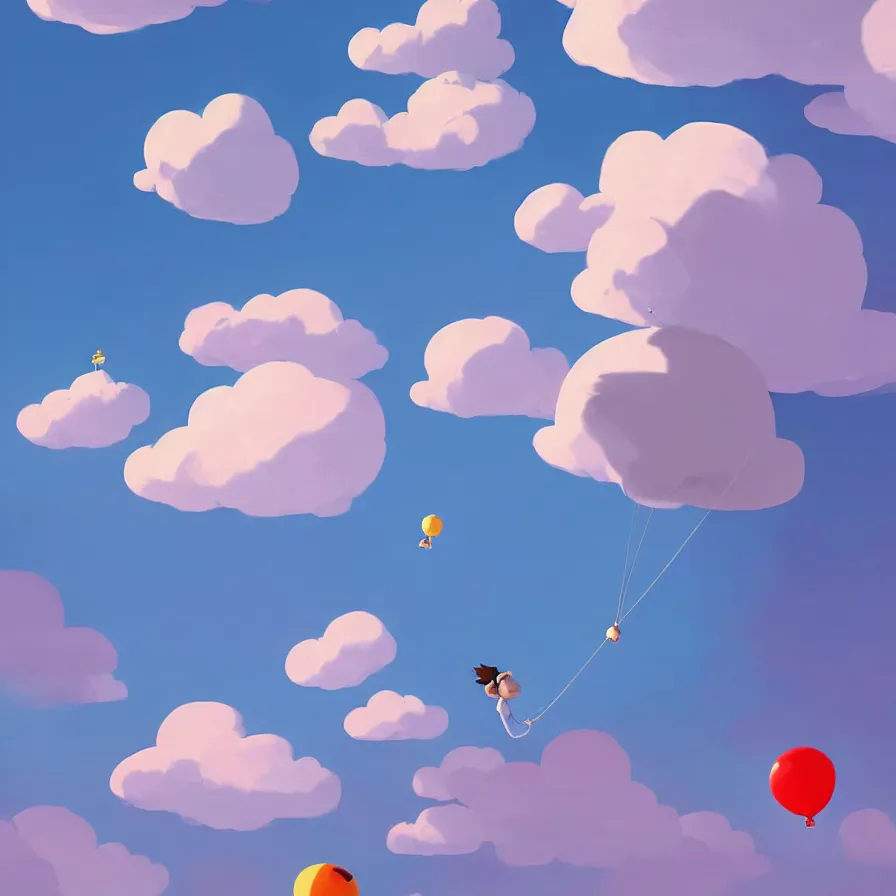 Image similar to Goro Fujita illustrating A balloon streaking across the sky and through the fluffy clouds of a sky full of blue contrasts., art by Goro Fujita, concept art, sharp focus, ArtStation