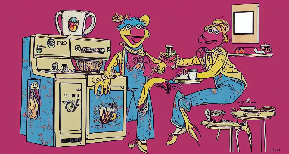 Image similar to a muppet holding a comically large cup of coffee in a 1 9 7 0 s era kitchen, in the style of hownosm and james jean, ultimate collab, epic, digital art, 3 d, h 9 6 0