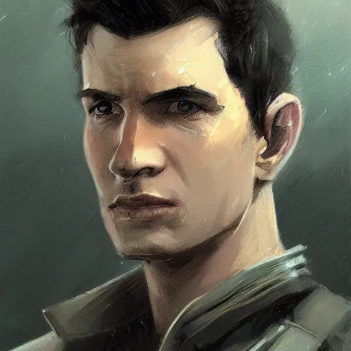 Image similar to portrait of a man by Greg Rutkowski, he is about 30 years old, he has short black hair in military-style, a straight jaw, he has a scar above one eyebrow, he wears Galactic Alliance military fatigues, Star Wars Expanded Universe, highly detailed portrait, digital painting, artstation, concept art, smooth, sharp foccus ilustration, Artstation HQ