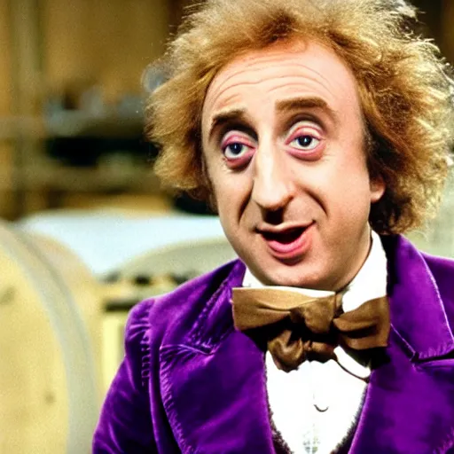 Image similar to gene wilder in willy wonka and the eggplant factory, willy wonka holding eggplants