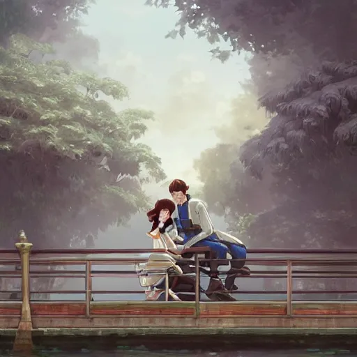 Prompt: a couple sitting on the bridge close to the river with a lot of water lily made by studio ghibli highly detailed, digital painting, artstation, concept art, smooth, sharp focus, illustration, art by artgerm and greg rutkowski and alphonse mucha