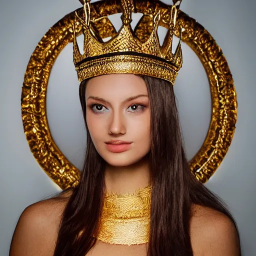 Prompt: glowing goddess with fair skin and beautiful face with gold crown wearing a loose thin white robe