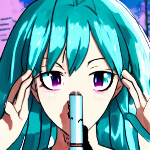 Image similar to hatsune miku high on weed with bloodshot eyes smoking with a vape pen.