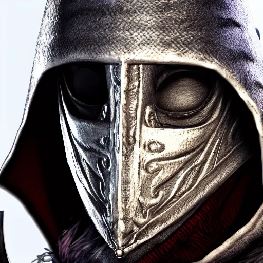 Image similar to a digital art close up portrait of hooded bard with porcelain mask in style of dark souls character, handsome warlock with magic character sheet, 4 k, ultra detail, volumetric lighting, unreal engine, octane render, grimdark