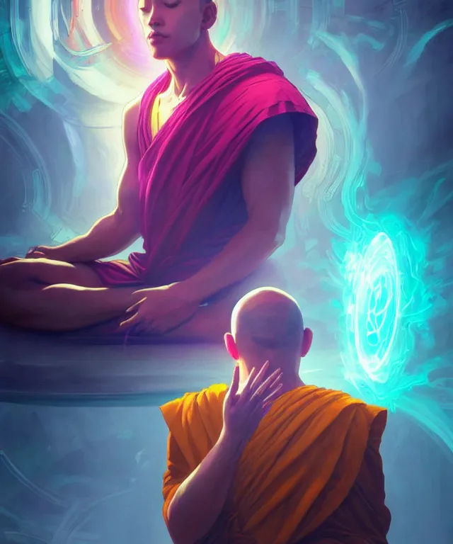 Image similar to a floating monk, meditating, wearing netrunner clothing, vaporwave aesthetic, colorful, psychedelic, digital painting, artstation, concept art, smooth, sharp focus, illustration, art by artgerm and greg rutkowski and alphonse mucha