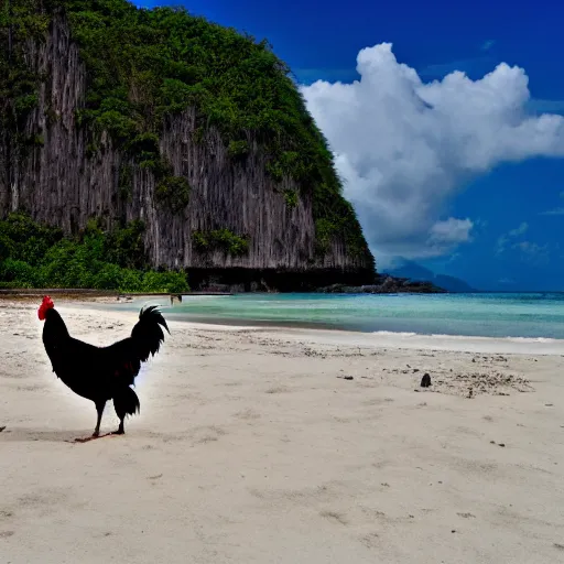 Image similar to a photograph of a rooster standing on a beautiful white sand Philippines beach