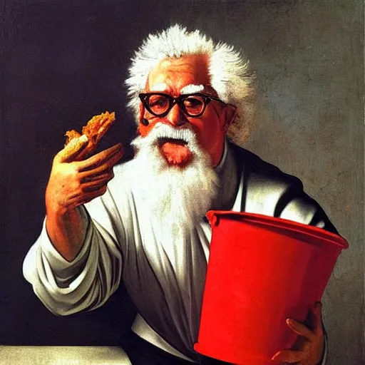 Image similar to Colonel Sanders eating fried chicken with his hands out of a red bucket. Painted by Caravaggio, high detail