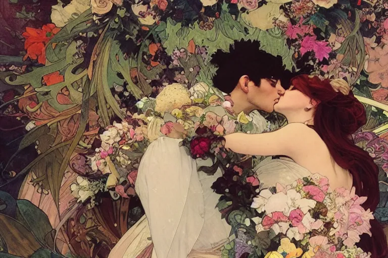 Image similar to the groom kisses the bride at a wedding full of flowers, bright and happy, dreamlike art, highly detail, 4 k realistic, wedding photoy krenz cushart. artem demura. alphonse mucha. yoji shinkawa artgerm. jon lothian. danilo torres. adi meyers. thomas reimann. gaston bussiere.