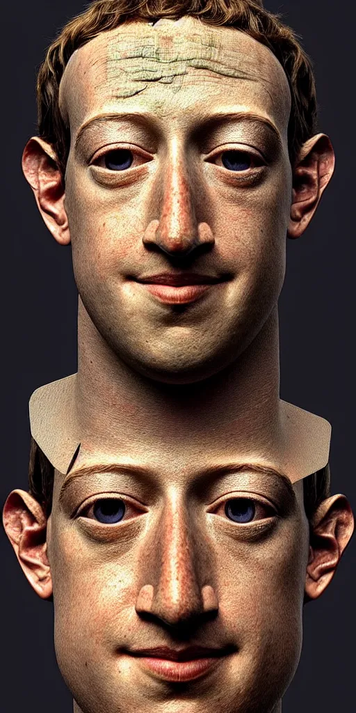 Image similar to very very beautiful portrait photo of 3d Mark Zuckerberg face made from primitive objects, Perfect face, extremely high details, realistic, by Giuseppe Arcimboldo, Edward Hopper, Rene Margitte,