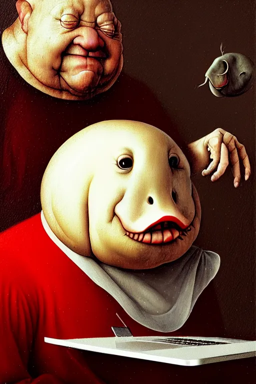 Image similar to hieronymus bosch, greg rutkowski, anna podedworna, painting of small extremely fat white blobfish with bright red hair smiling at a laptop