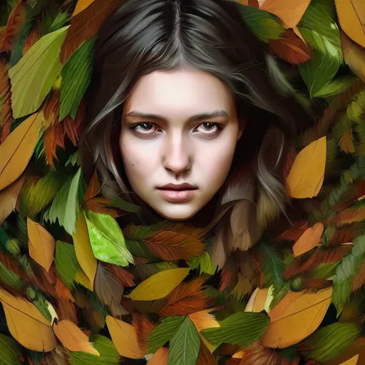 Image similar to a pretty girl clothed in leaves, surrounded by wolves digital painting, photorealistic, in the style of greg rutkowski, full body, detailed face