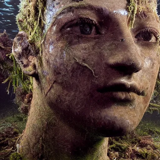 Image similar to Award-winning photograph by Cindy Sherman. The photo depicts a decaying roman bust of Mark Zuckerberg overgrown with moss at the bottom of the sea in the middle of ruins of civilization. Minimalism, high definition, perfect composition. Deep sea picture. Very dark. Volumetric Lighting. Fish. Darkness. Ruins