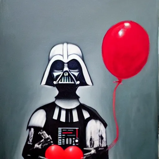 Prompt: grunge painting of darth vader with a wide smile and a red balloon by chris leib, loony toons style, pennywise style, corpse bride style, horror theme, detailed, elegant, intricate