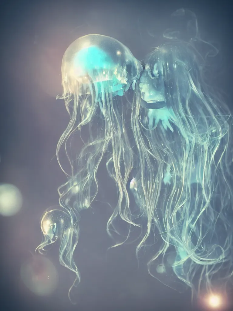 Prompt: cute fumo plush smiling ectoplasmic gothic macabre shiny jellyfish ghost girl, glowing wisps of hazy smoke, lens flare, vignette, bokeh, refraction, vray