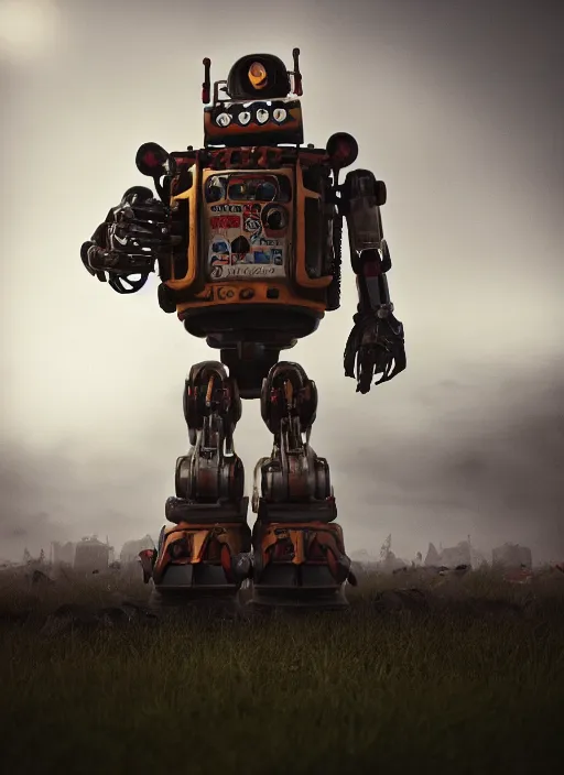 Prompt: Giant It Clown robot on a dusky land, cinematic shot, intricate, ornate, photorealistic, ultra detailed, realistic, 100mm, photography, octane, high definition, depth of field, bokeh, 8k, artstation