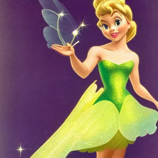 Image similar to tinkerbell landing on a hand, golden dress, disney movie ( 1 9 8 9 )