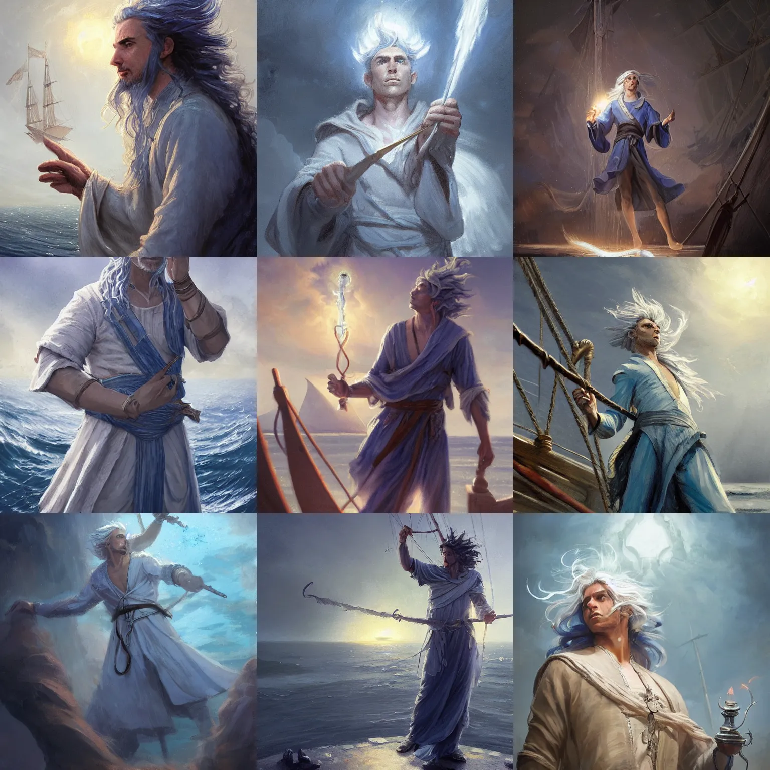 Prompt: a male blue water genasi cleric with wavy silver hair on top of a sailing ship casting a spell, greg rutkowski