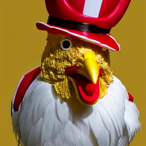 Image similar to a chicken dressed up as colonel sanders as a chicken dressed in the colonel sanders uniform as a chicken, realistic, hyperrealistic, ultra realistic, real, real world, highly detailed, very detailed, extremely detailed, intricate details, 8 k resolution, hd quality