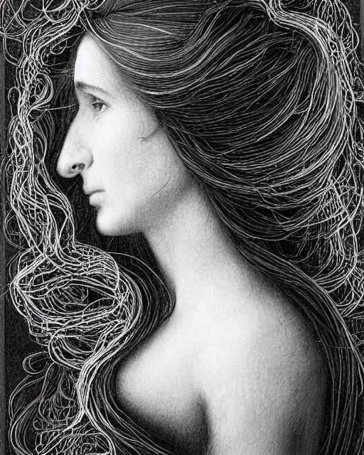 Image similar to a woman's face in profile, long flowing hair entwined in intricate decorative cobwebs, in the style of the dutch masters and gregory crewdson, dark and moody