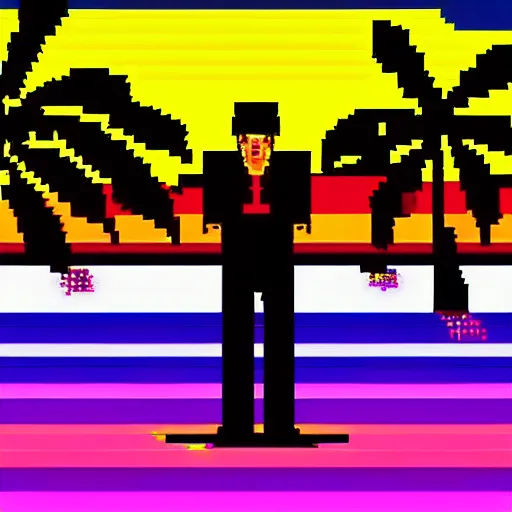 Prompt: tommy vercetti retrowave pixel art sunset