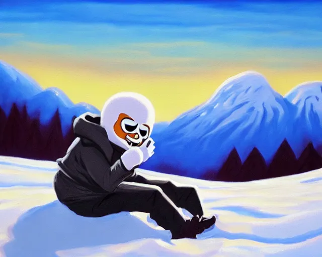 Image similar to oil painting of sans sitting in a mountain during winter