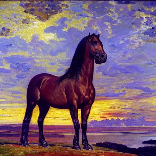 Image similar to a horse made out of emeralds with fiery eyes standing on a cliff in a turbulent hellscape!!! at sunset, retrowave!, by alfred munnings!! and h.r. giger, oil on canvas, 8k hd