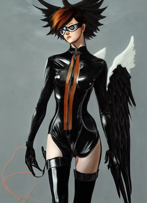 Prompt: full body artwork of tracer overwatch, wearing black latex outfit, in style of zdzisław beksinski, angel wings, dramatic painting, wearing detailed leather collar, black shiny armor, chains, black harness, detailed face and eyes,