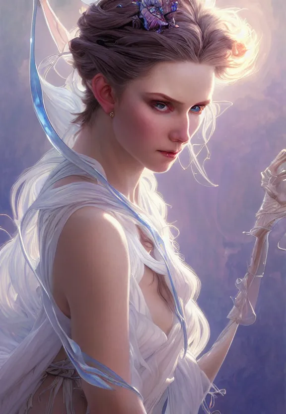 Prompt: portrait of fairy woman, d & d, blue eyes, white hair, face and full body, fantasy, intricate, elegant, highly detailed, digital painting, artstation, concept art, smooth, 8 k, sharp focus, illustration, art by artgerm and greg rutkowski and alphonse mucha