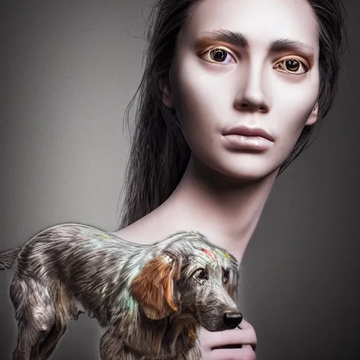 Prompt: Full lenght view contemporary art photography of ultra mega super hyper realistic highly detailed woman with highly detailed face walking with a highly detailed dog . Photo on Leica Q2 Camera, Rendered in VRAY and DaVinci Resolve and MAXWELL and LUMION 3D, Volumetric natural light