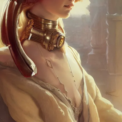 Prompt: a young woman cyborg 16th century clothes, blonde, young simon baker, D&D, fantasy, portrait, highly detailed, digital painting, artstation, concept art, sharp focus, illustration, art by artgerm and greg rutkowski and alphonse mucha