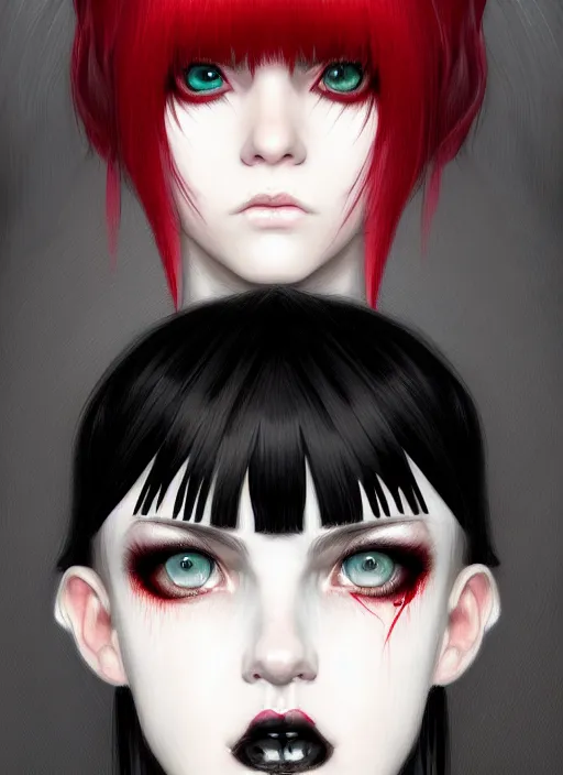 Image similar to portrait of white teenage girl, normal face, black bangs, mall goth, cyberlox, black and white hair, bangs, fluffy bangs, red contacts, intricate, elegant, highly detailed, digital painting, artstation, concept art, sharp focus, smooth, illustration, art by wlop, mars ravelo and greg rutkowski