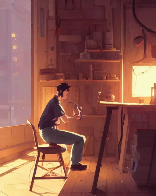 Image similar to woodworker building a new chair on his shop, detailed, cory loftis, james gilleard, atey ghailan, makoto shinkai, goro fujita, studio ghibli, rim light, exquisite lighting, clear focus, very coherent, plain background, soft painting