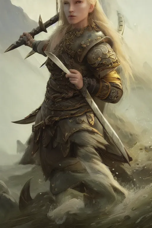 Image similar to ultra detailed powerful female viking, blond long hair, green eyes, axe, battle ready, sharp bone structure, extremely detailed digital painting, in the style of fenghua zhong and ruan jia and jeremy lipking and peter mohrbacher, mystical colors, rim light, beautiful lighting, 8 k, stunning scene, raytracing, octane, trending on artstation