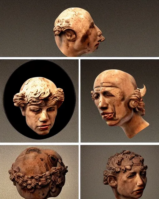 Image similar to planets coming out of a broken renaissance head sculpture, hyper - realistic, in the style of tony santos