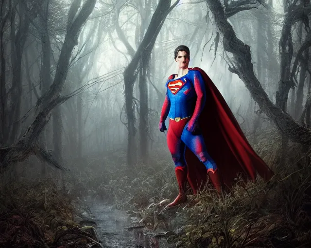 Image similar to 5 5 mm portrait photo of a undead rotting superman in a magical forest. magical atmosphere. art by greg rutkowski and luis royo. highly detailed 8 k. intricate. lifelike. soft light. nikon d 8 5 0.