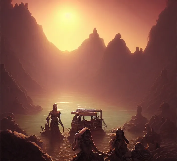 Image similar to subsurface scattering, a desert caravan rests at a lake oasis, the art of athas and dark sun, brom's dark sun art on a 7 0's style fantasy novel cover, digital painting by brom, amazingly detailed d & d art, concept art, intricate details, beautiful, volumetric lighting, cgsociety, artstation, square enix cinematic art