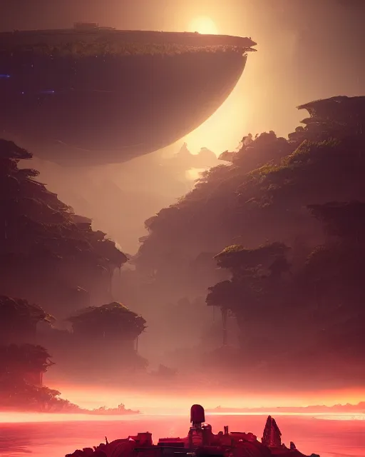 Image similar to beautiful landscape, nier automata, protoss temple!!!, machine planet, pink sun, tropical forest, colorful light, advanced technology, cinematic lighting, highly detailed, masterpiece, art by bastien grivet and darwin cellis and jan urschel