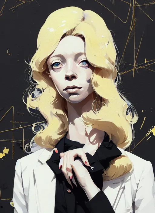 Image similar to highly detailed closeup portrait of beautiful portia doubleday, blonde wavy hair, angela moss, white suit by atey ghailan, by greg rutkowski, by greg tocchini, by james gilleard, by joe fenton, by kaethe butcher, gradient yellow, black and white color scheme, grunge aesthetic!!! ( ( graffiti tag wall background ) )