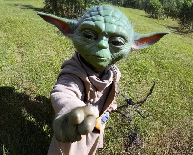 Prompt: trailcam image of yoda, pointing his cane at the camera, cdx