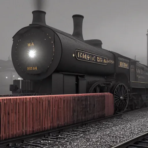 Image similar to a black steam locomotive pulling a train into a Victorian era crowded train station, slight fog, highly detailed, octane render, unreal engine 5