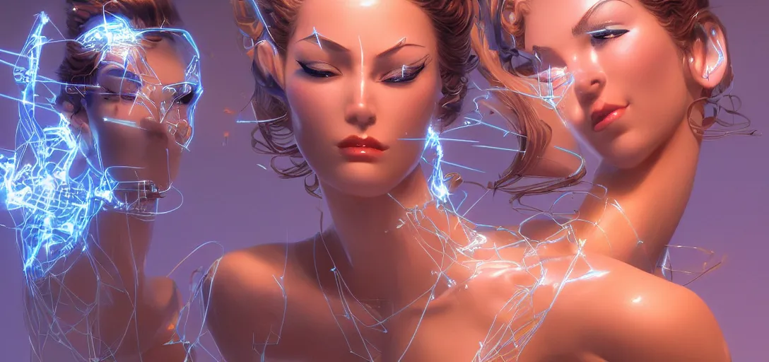 Image similar to beauty woman made of small cubes and lasers, very detailed, dramatic lighting, mechanical details, electrical details, high details, 4k, 8k, trending on artstation, by Hajime Sorayama and Boris Vallejo