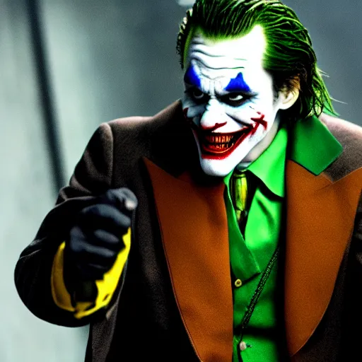 Image similar to Jim Carrey as Joker in the Dark Knight, 4k, high resolution photo, award-winning