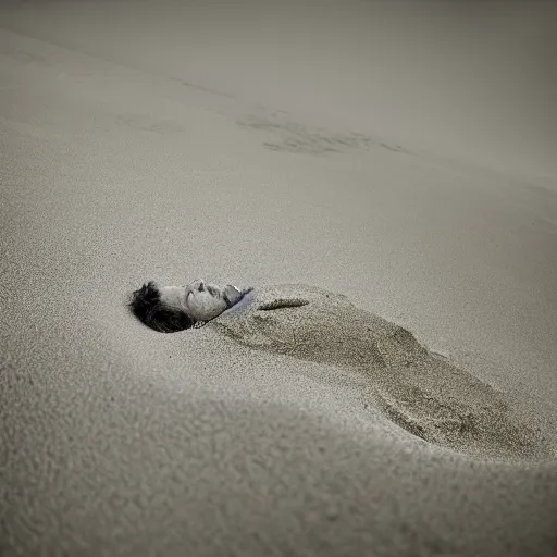 Prompt: tom waits buried in the sand up to his head with the tide approaching quickly, gorgeous image, professional photograph, great lighting, 4 k