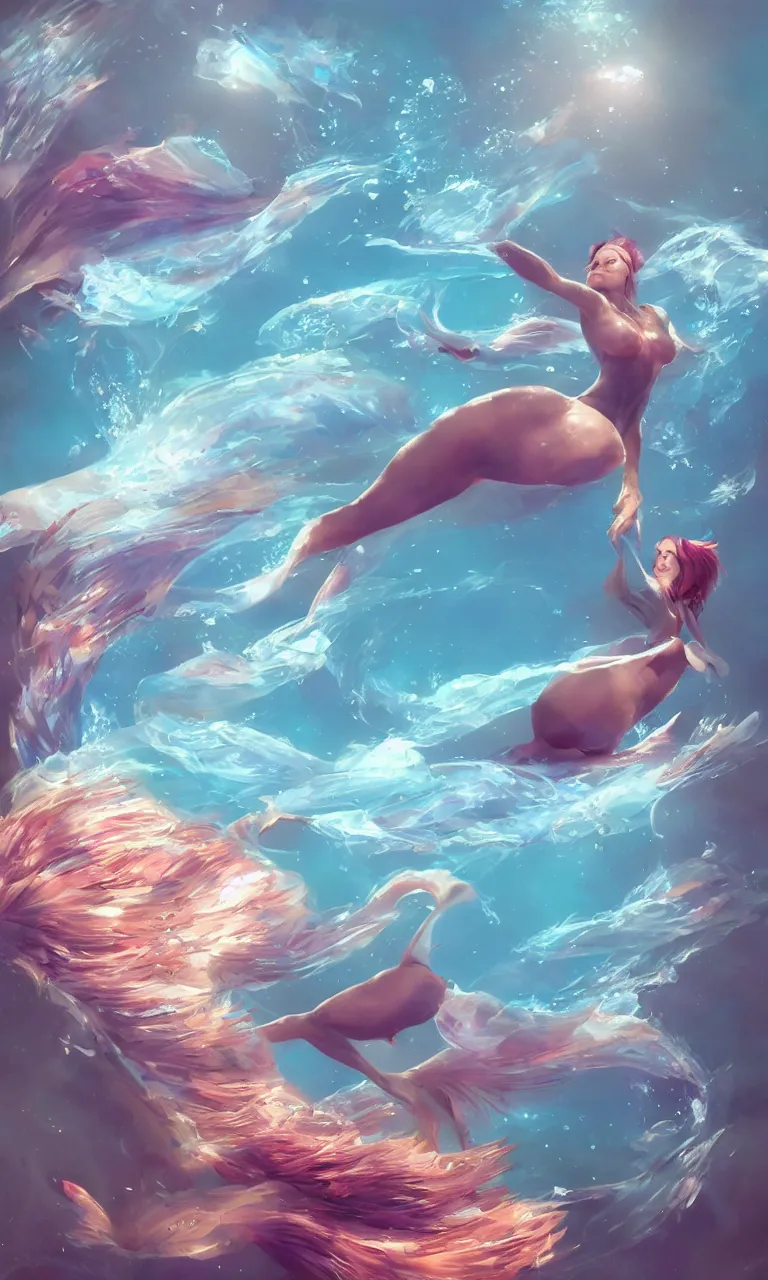 Image similar to a fish shaped woman, she is half fish half woman ,diving in the air rounded by jelly clouds made by Stanley Artgerm Lau, WLOP, Rossdraws, ArtStation, CGSociety, concept art, cgsociety, octane render, trending on artstation, artstationHD, artstationHQ, unreal engine, 4k, 8k,