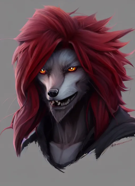 Image similar to character concept art of a black anthropomorphic furry male wolf long red hair | | cute - fine - face, pretty face, key visual, realistic shaded perfect face, fine details by stanley artgerm lau, wlop, rossdraws, james jean, andrei riabovitchev, marc simonetti, and sakimichan, trending on artstation