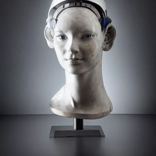 Image similar to a head and shoulders portrait of a female cyborg in her 20s, sculpture made of marble and aluminum, studio photography, cyberpunk lighting
