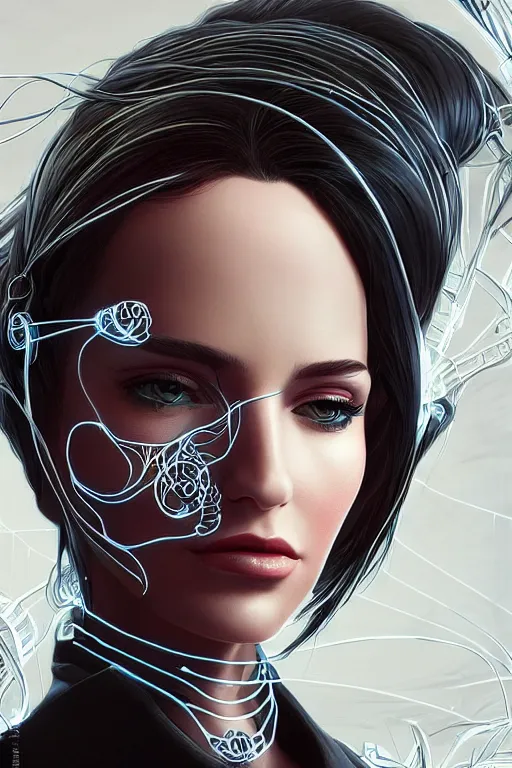 Prompt: classy elegant sophisticated very up close portrait of a woman dj, futuristic shirt, jeans, cyber future, ultra detailed wire decoration, fantasy art by nixeu and guweiz and ilya kuvshinov, sleek curves, intricate sharp focus, trending on artstation hq, pinterest, unreal engine 5, 4 k uhd image