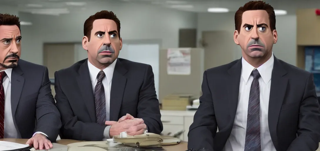 Image similar to a very high resolution image of tony stark and micheal scott. from an episode of the office. photorealistic, photography