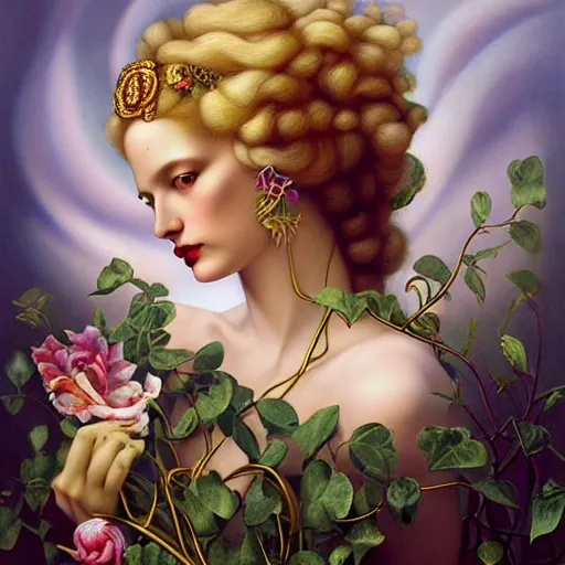 Image similar to dynamic composition, blonde woman with hair of spring flowers and vines wearing ornate earrings, ornate gilded details, pastel colors, a surrealist painting by tom bagshaw and jacek yerga and tamara de lempicka and jesse king, wiccan, pre - raphaelite, featured on cgsociety, pop surrealism, surrealist, dramatic lighting